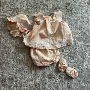 Catherine Malandrino Pink dress, bonnet, diaper Cover, and slippers